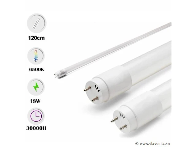 30 x t8 led buizen – 18w – 120cm – 6500k koud wit – fluorescerende vervanging – 25.000h - afbeelding 1 van  5
