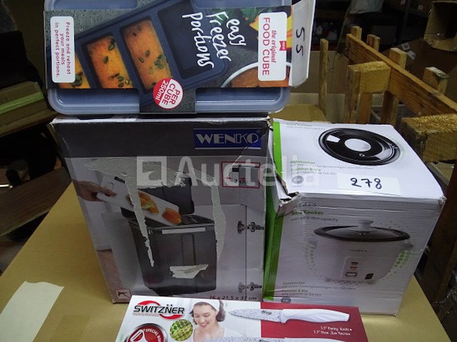 4 huishoudelijke artikelen (fornuis, prullenbak, container, messenset) - afbeelding 1 van  9