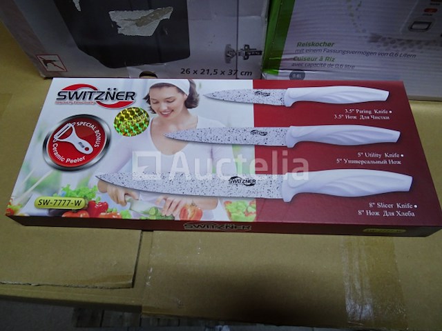 4 huishoudelijke artikelen (fornuis, prullenbak, container, messenset) - afbeelding 5 van  9