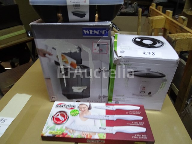 4 huishoudelijke artikelen (fornuis, prullenbak, container, messenset) - afbeelding 9 van  9