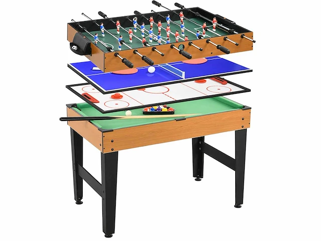 4-in-1 speeltafel met o.a. tafeltennis, tafelvoetbal, biljart, tafelhockey, metaal, hout, naturel en zwart - afbeelding 1 van  5