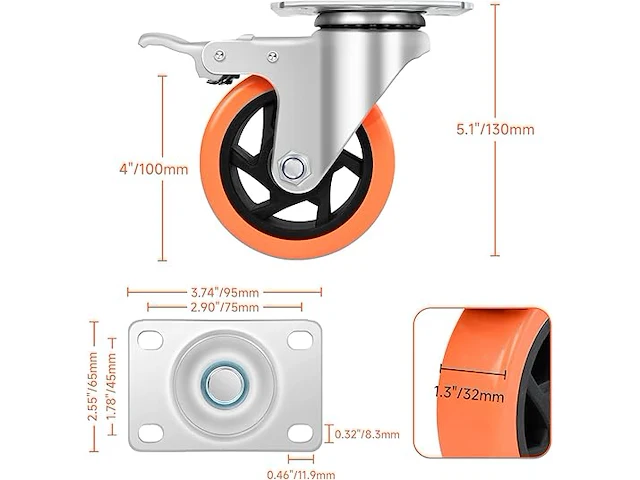 4 inch zwenkwielen - afbeelding 2 van  4