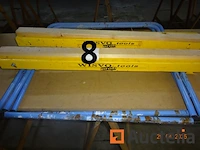 4 metalen schragen, twee blauwe en twee gele