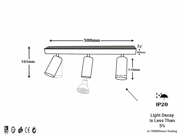 4 x gu10 opbouwarmatuur – 3 draaibare spots – zwart – aluminium – draaibaar 350°/70° – ip20 - afbeelding 4 van  5