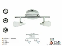 4 x led plafondlamp – 2 spots – di03 – 2 x 5w max – 4000k – neutraal wit – zilver - afbeelding 3 van  4
