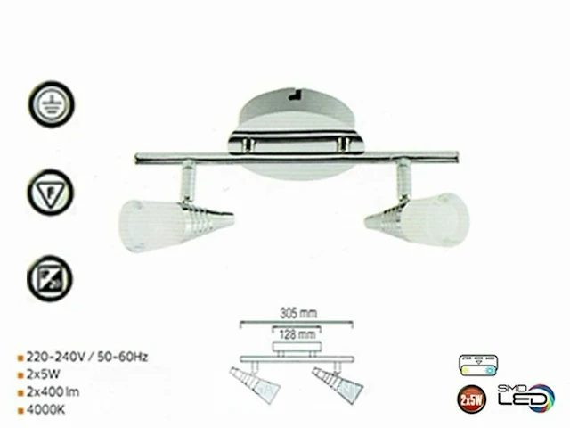 4 x led plafondlamp – 2 spots – di03 – 2 x 5w max – 4000k – neutraal wit – zilver - afbeelding 4 van  5
