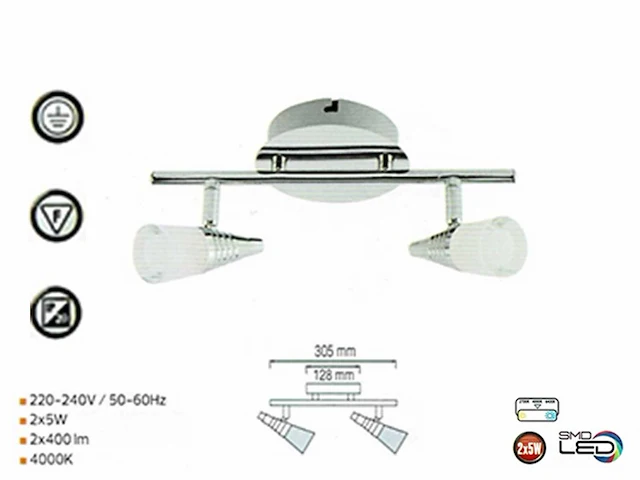 4 x led plafondlamp – 2 spots – di03 – 2 x 5w max – 4000k – neutraal wit – zilver - afbeelding 3 van  4