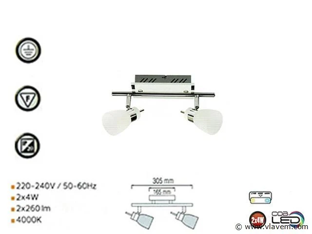 4 x led plafondlamp – 2 spots – hl7192l – 2 x 4w max – 4000k – neutraal wit – zilver - afbeelding 4 van  4