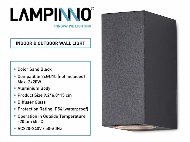 4 x wandlamp rechthoekig gu10 duo fitting zwart waterdicht - afbeelding 8 van  9