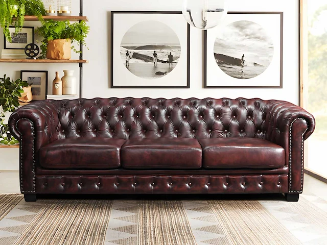 4-zits chesterfield bank 100% bordeaux buffelleer - afbeelding 1 van  12