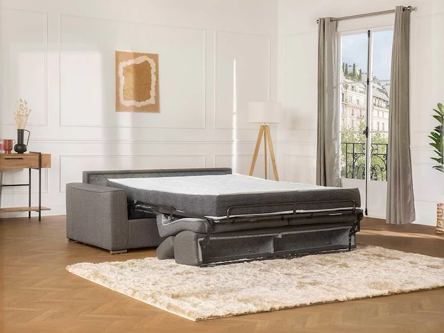 4-zitsbank convertible express in grijze stof - slaapplaatsen 160 cm - matrassen 22 cm met traagschuim - afbeelding 2 van  4