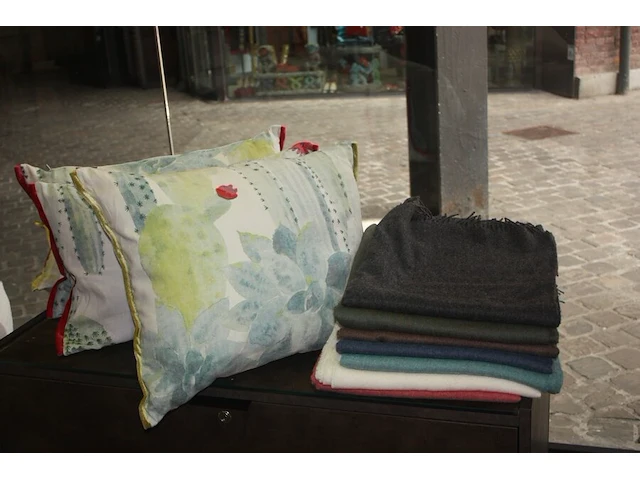 5 kussens pierre frey, 8 sjaals libeco, 7 plaids nobilis, 12 toilettasjes libeco, tote bag/schoudertas libeco (44,47,48,49,52) - afbeelding 1 van  5