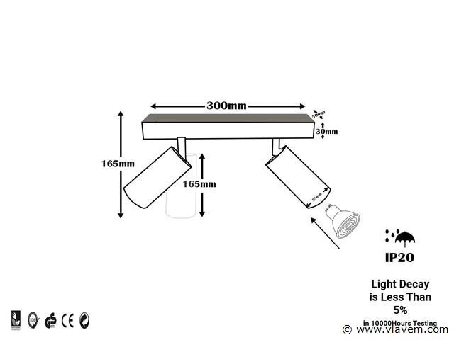5 x gu10 opbouwarmatuur – 2 draaibare spots –zwart – aluminium – draaibaar 350°/70° – ip20 - afbeelding 4 van  4