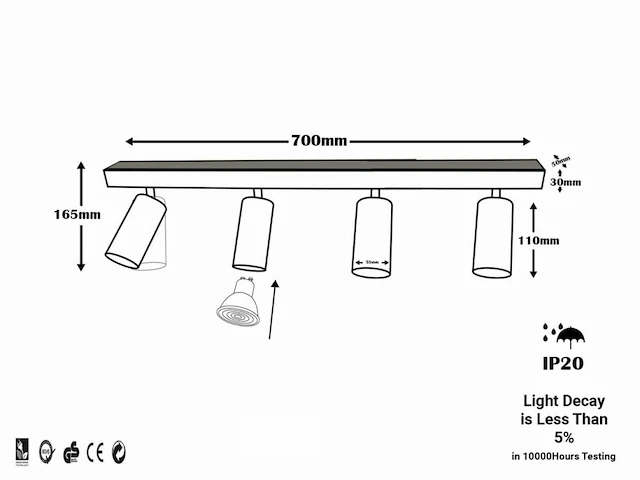 5 x gu10 opbouwarmatuur – 4 draaibare spots – zwart – aluminium – draaibaar 350°/70° – ip20 - afbeelding 6 van  6