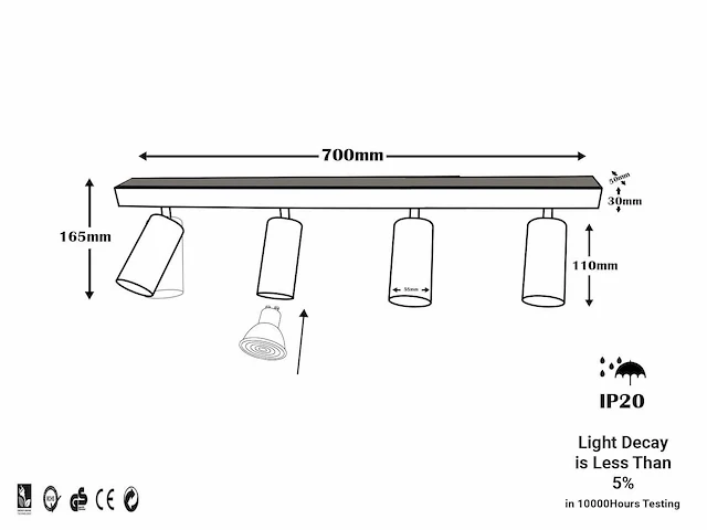 5 x gu10 opbouwarmatuur – 4 draaibare spots – zwart – aluminium – draaibaar 350°/70° – ip20 - afbeelding 5 van  5