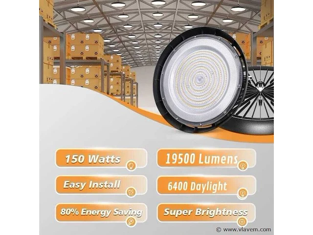 5 x highbay led slim 150w – 6500k koud wit – ufo ip65 waterdicht – 19.500 lm - afbeelding 1 van  4