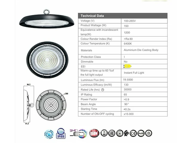 5 x highbay led slim 150w – 6500k koud wit – ufo ip65 waterdicht – 19.500 lm - afbeelding 5 van  5