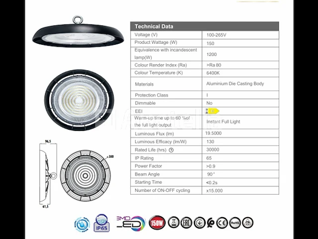 5 x highbay slim 150w - 130lm/w - ip65 - koud wit 6400k - afbeelding 2 van  4