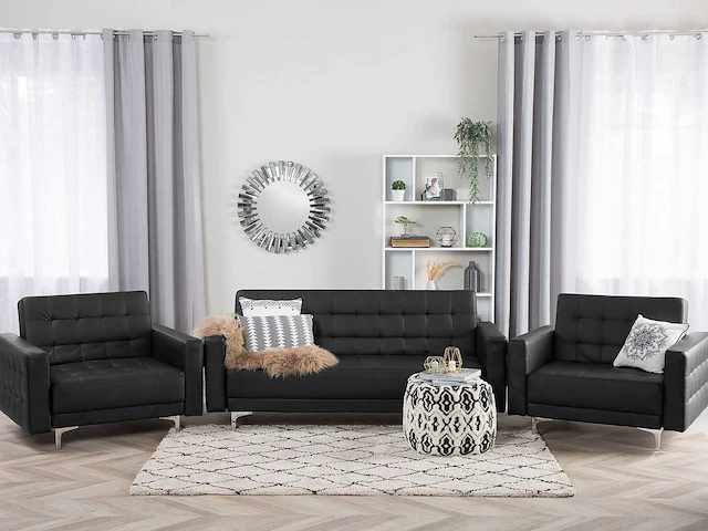 5-zits zwarte pu lederen bank en fauteuil set + poef - afbeelding 1 van  11