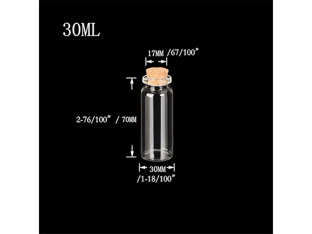 50x mini glazen fles met kurk v 30ml - afbeelding 1 van  3