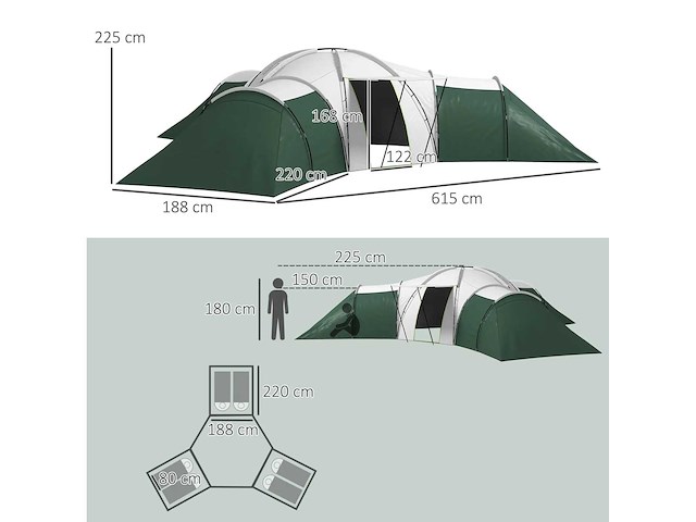 6-9 persoons tent met slaapkamers en woonkamer, accessoires inbegrepen, groen - afbeelding 4 van  7