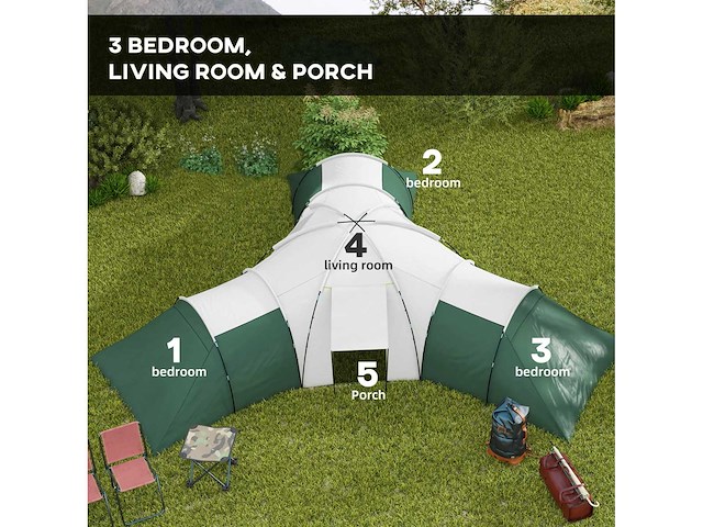 6-9 persoons tent met slaapkamers en woonkamer, accessoires inbegrepen, groen - afbeelding 5 van  7