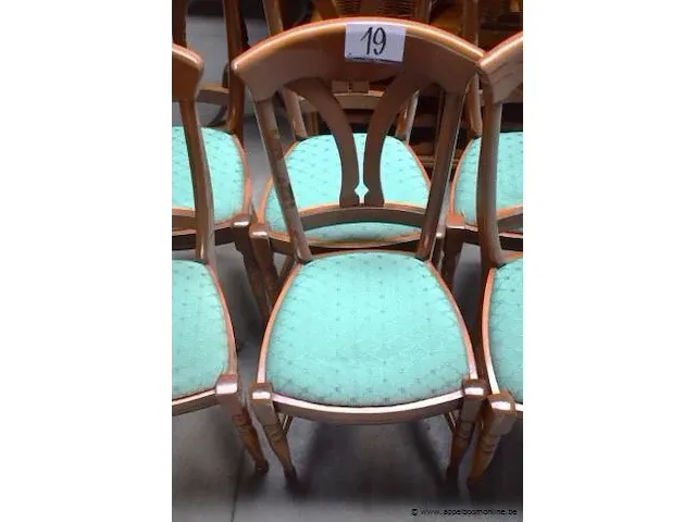 6 houten stoelen, groene stof bekleed - afbeelding 2 van  2