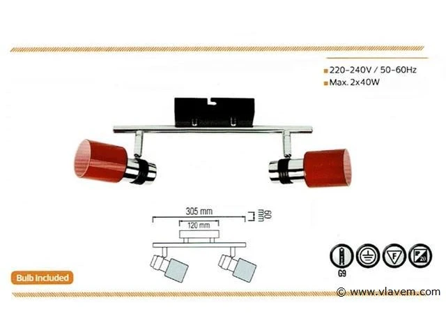 6 x dubbele plafondspot – hl7152 – g9 – 2 x 40w max – rood - afbeelding 3 van  3
