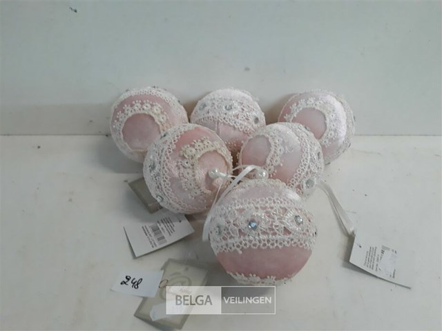 6 x kerstbal roze stof 8 cm - afbeelding 1 van  3