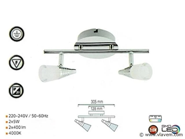 6 x led plafondlamp – 2 spots – di03 – 2 x 5w max – 4000k – neutraal wit – zilver - afbeelding 3 van  4