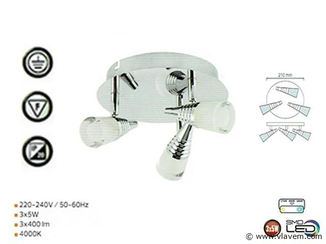 6 x led plafondlamp – 3 spots – di01 – 5w – 4000k – neutraal wit – zilver - afbeelding 3 van  4