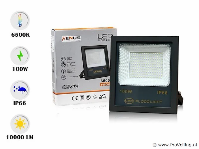 6 x schijnwerper led 100w – 6500k koud wit – ip66 waterdicht – 10.000 lm - afbeelding 1 van  4
