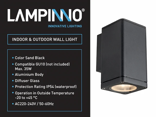 6 x wandlamp rechthoekig gu10 fitting zand zwart waterdicht - afbeelding 5 van  6