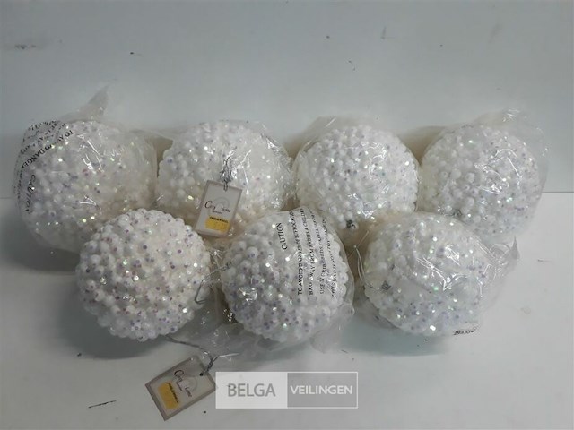 7 x kerstbal pvc wit met roze/paarse dotjes - afbeelding 1 van  3