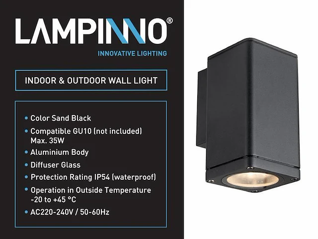 8 x wandlamp rechthoekig gu10 fitting zand zwart waterdicht - afbeelding 5 van  6