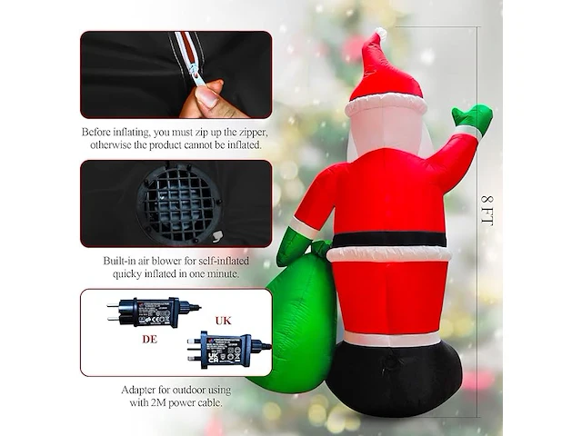 8ft opblaasbare kerstman met led licht (244 cm) - afbeelding 2 van  4
