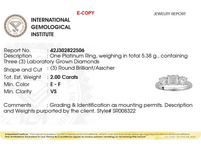 950 platina witte ring met 2,0 ct in het laboratorium gekweekte diamant (maat -eu-54) - afbeelding 2 van  9