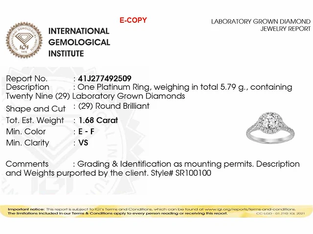 950 platinum ring with 1.68 cts lab grown diamond (size-eu-54) - afbeelding 7 van  8
