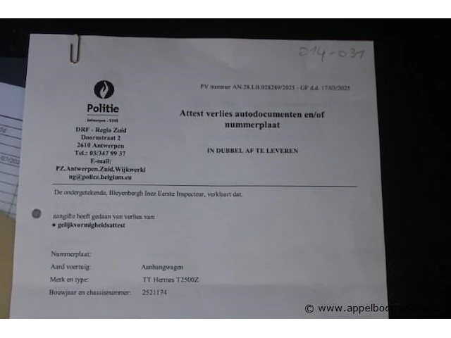 Aanhangwagen hermes t2500z, chassisnumer 2521174, bj 2011, verliesaangifte gelijkvormigheidsattest - afbeelding 5 van  6