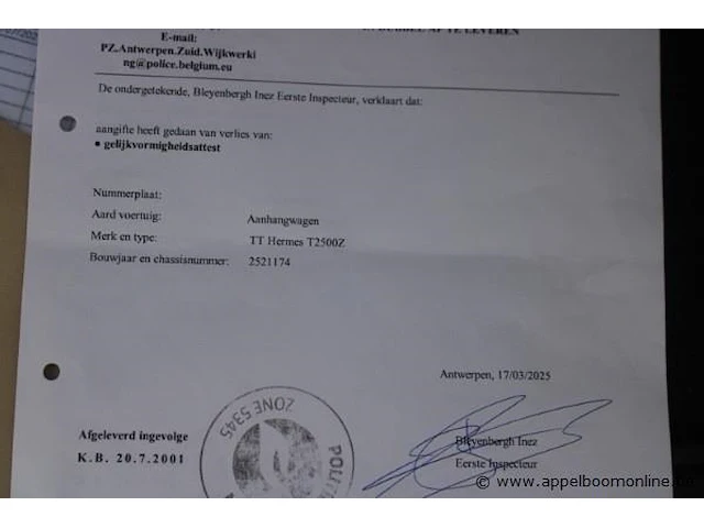 Aanhangwagen hermes t2500z, chassisnumer 2521174, bj 2011, verliesaangifte gelijkvormigheidsattest - afbeelding 6 van  6