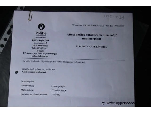 Aanhangwagen joskin lt 4tex, bj 1999, chassisnummer 2739/040, verliesaangifte gelijkvormigheidsattest - afbeelding 7 van  7