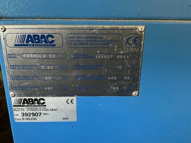 Abac formula 22 schroefcompressor 2008, inclusief filter en compressievat - afbeelding 15 van  15