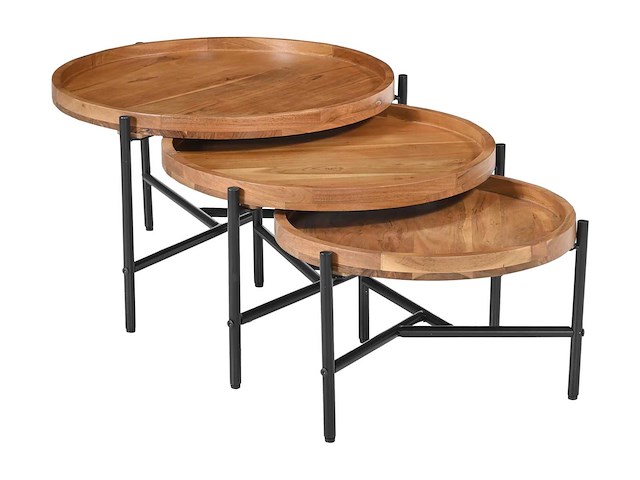 Acaciahout & zwart metaal nesten salontafels - licht, natuurlijk - afbeelding 3 van  7