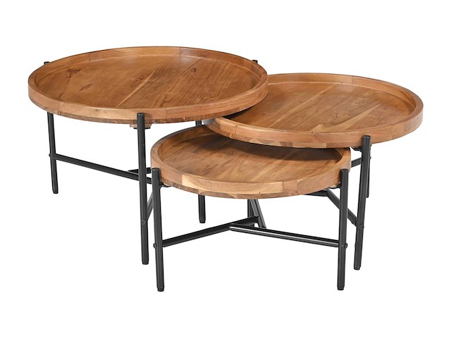 Acaciahout & zwart metaal nesten salontafels - licht, natuurlijk - afbeelding 4 van  7