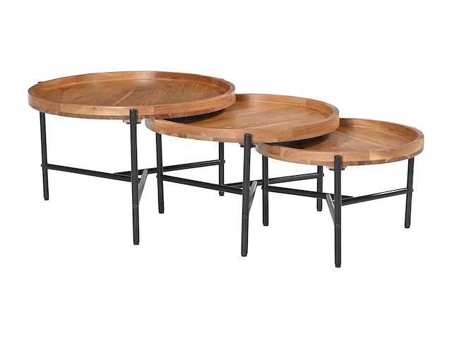 Acaciahout & zwart metaal nesten salontafels - licht, natuurlijk - afbeelding 6 van  7