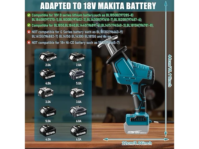 Accu-reciprozaag compatibel met 18v-accu makita - afbeelding 3 van  4