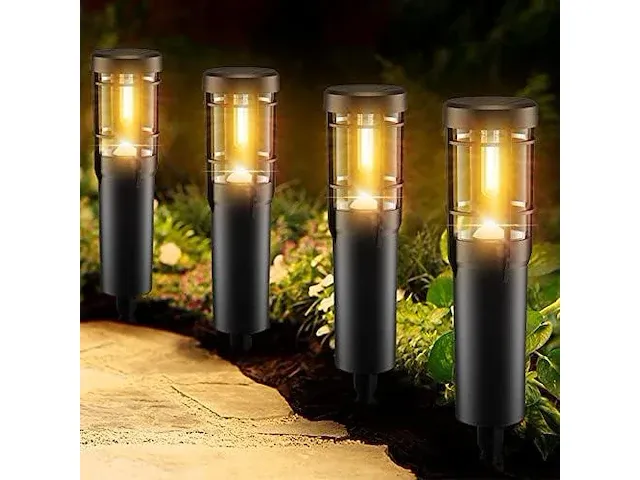 Ainostone solarverlichting voor tuin 4 stuks padverlichting 900mah met warm tuinverlichting op zonne-energie ip65 waterdicht automatisch aan/uit voor buiten, gazon, binnenplaats, decoratie, oprit - afbeelding 1 van  3