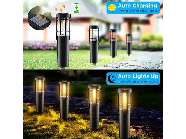 Ainostone solarverlichting voor tuin 4 stuks padverlichting 900mah met warm tuinverlichting op zonne-energie ip65 waterdicht automatisch aan/uit voor buiten, gazon, binnenplaats, decoratie, oprit - afbeelding 3 van  3