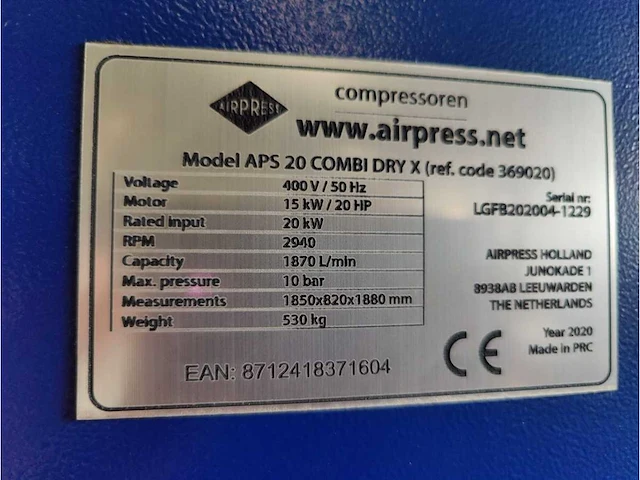 Airpress - 2020 - aps 20 combi dry x - schroefcompressor - afbeelding 5 van  5