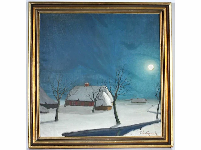 Alois van regemorter - winterlandschap in maanlicht - olie op doek - afbeelding 1 van  10